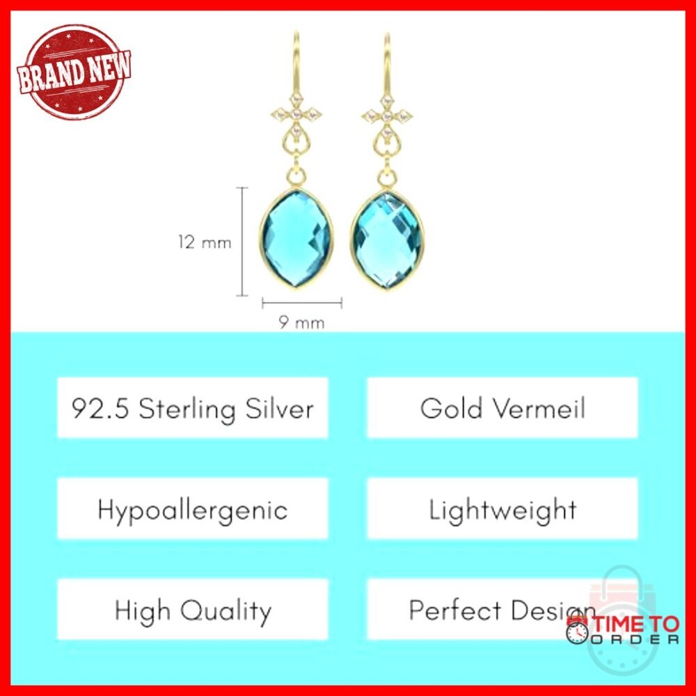 Marquise Crystal Dangle Earrings Sterling Silver Gold Vermeil Hypoallergenic - Picture 3 of 7